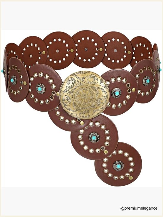 Western PU Leather Concho Cowgirl Belt Wide Boho Country Waist Belt main image 7